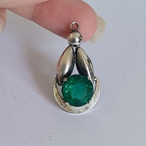 Vintage Boho Deco Chunky Abstract Green Crystal Sterling Silver Pendant